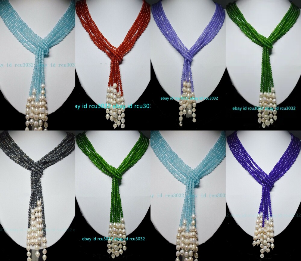3 Strands 4mm Multicolor Gems 7-8mm White Baroque Pearl Beads Long Necklace 50”