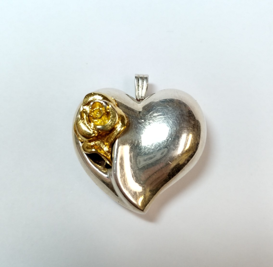 GORHAM STERLING SILVER PUFFY HEART PENDANT WITH GOLD PLATED ROSE 10.3g