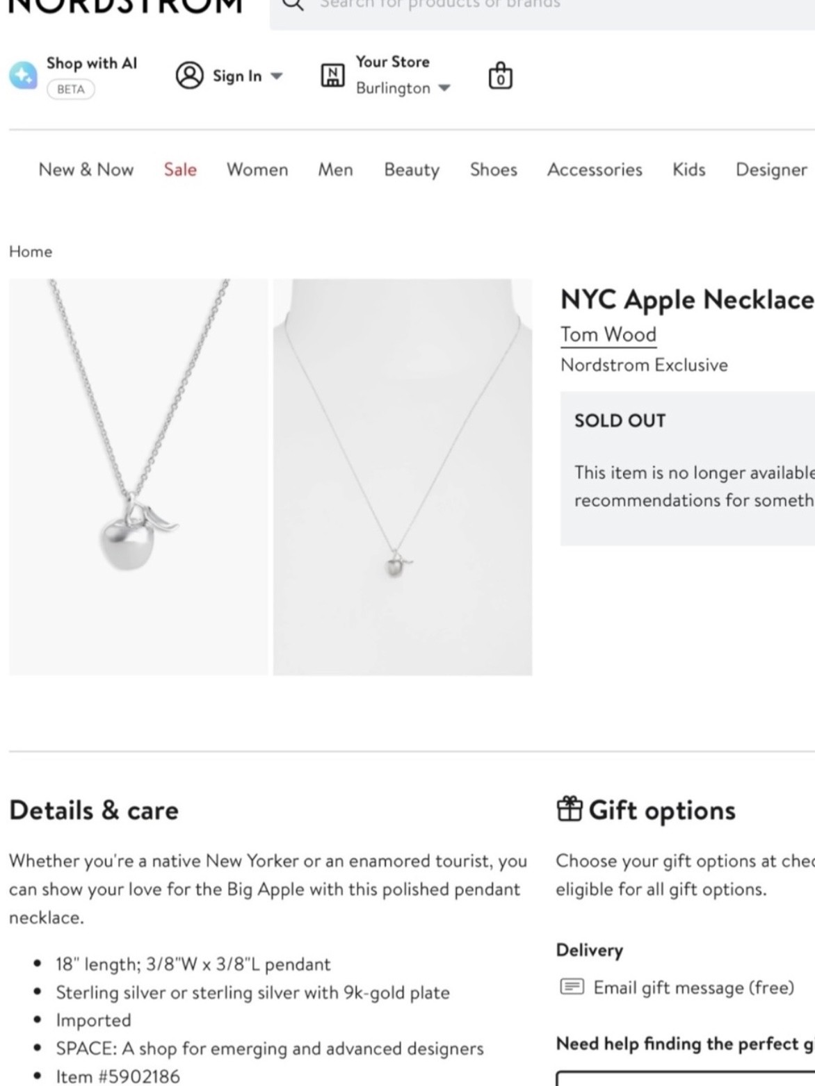 NWOT Tom Wood Sterling Silver NYC Apple Necklace – Nordstrom Exclusive