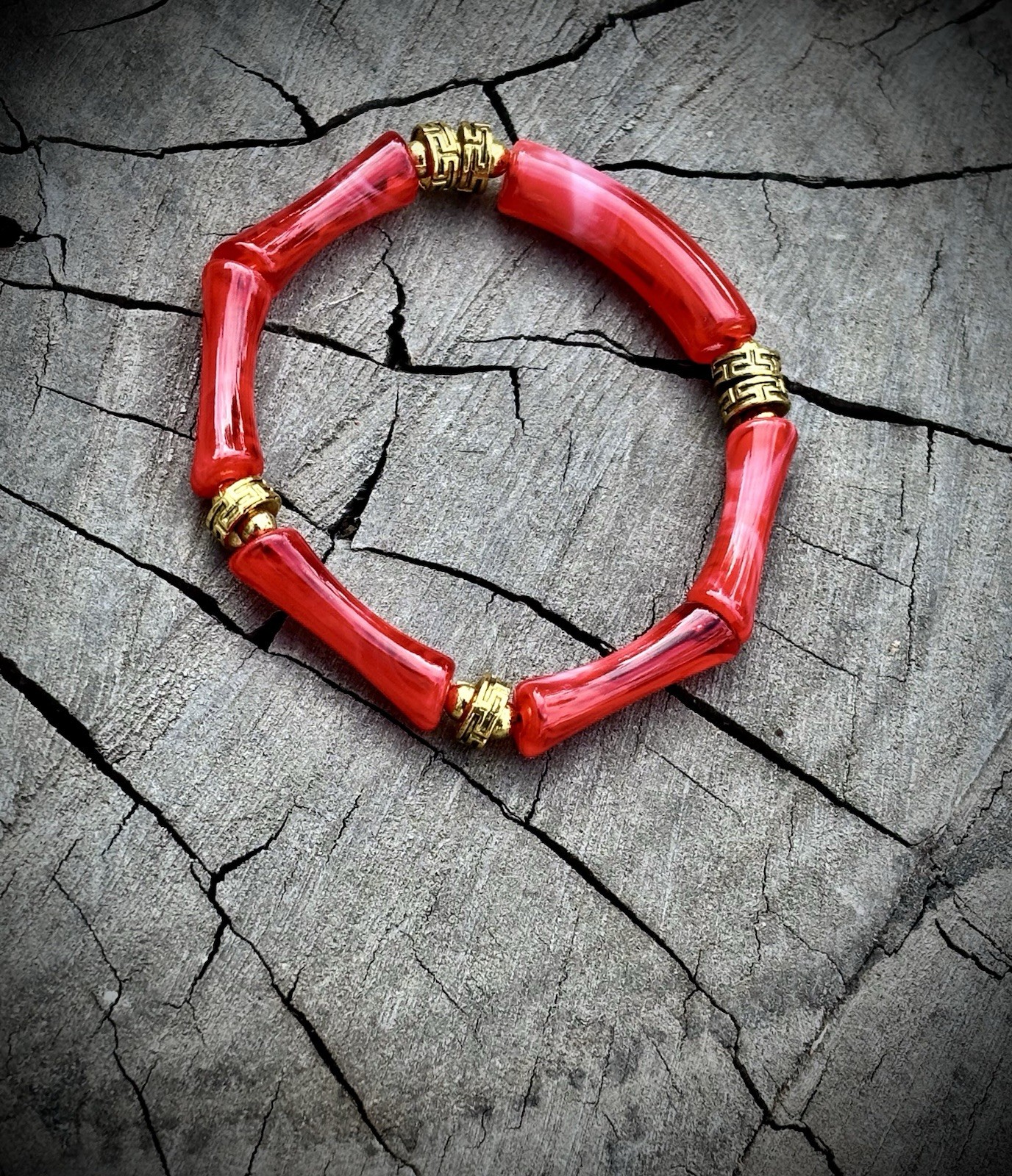 Red Acrylic Tube Bead Stretch Bracelet w/ Gold Spacer Beads, Stackable