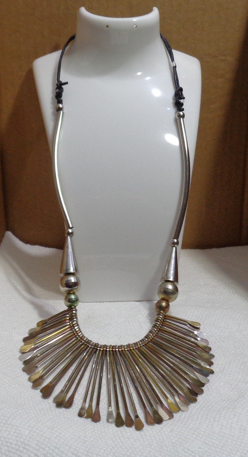 24 inches Tri-color Metal & Corded Leather Tribal Bib Fringe Necklace