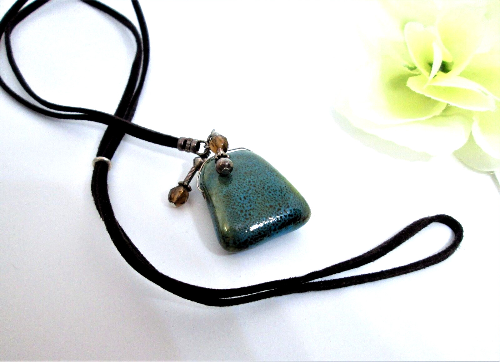 Boho Unisex Necklace Bolo Pendant Glazed Ceramic Leather Cord with Dangle Beads