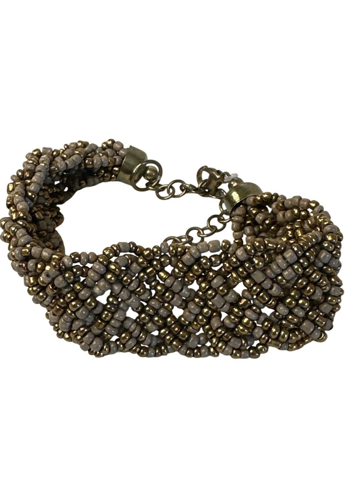 Braided Beaded Bracelet Gold & Taupe Seed Beads Handmade Jewelry 9 Inches