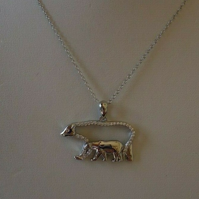 MAMA BEAR W/ BABY BEAR NECKLACE PENDANT W/LAB ACCENTS/ 925 STERLING SILVER/18”