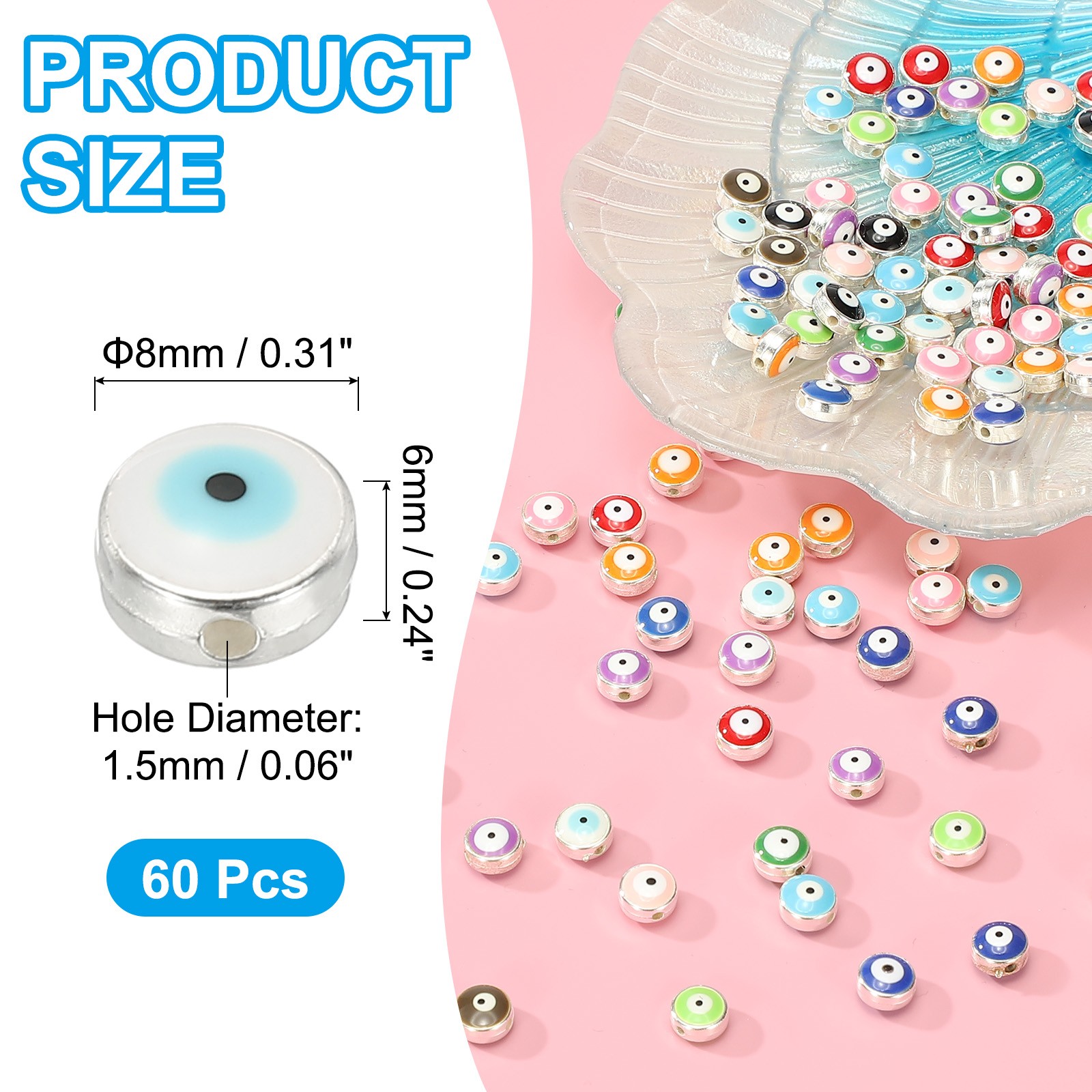 60Pcs 8mm Flat Round Evil Eye Beads with Silver Edge White