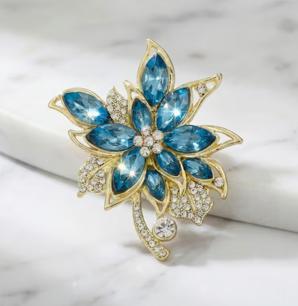 Sparkling Blue Petal Flower Brooch Pin Gold Alloy Rhinestone Crystal Accessory