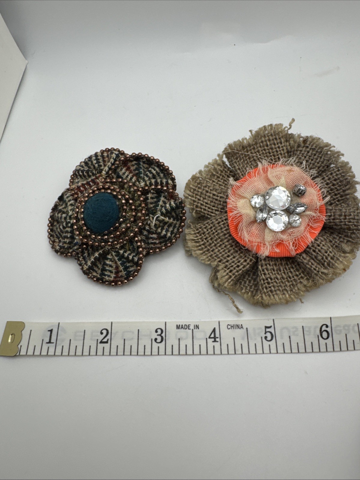 Boho Fabric Flower Brooch Lot Tweed Burlap Rhinestone Rustic Pins