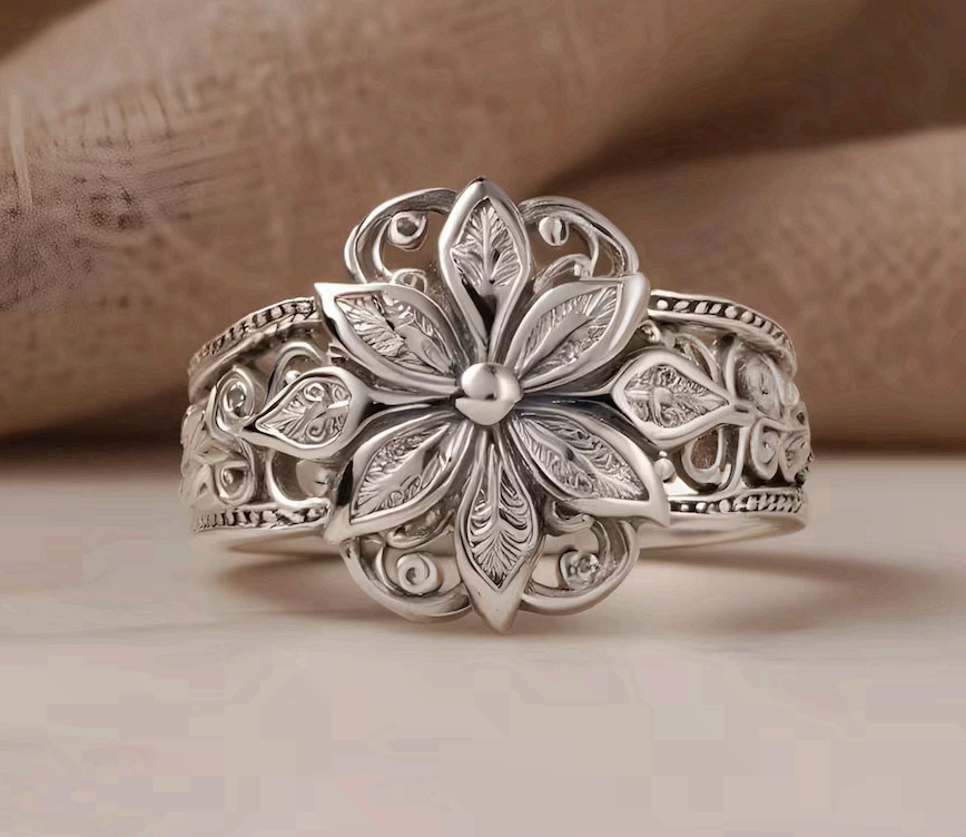 Silver Flower Ring Handmade Filigree Floral Statement Band