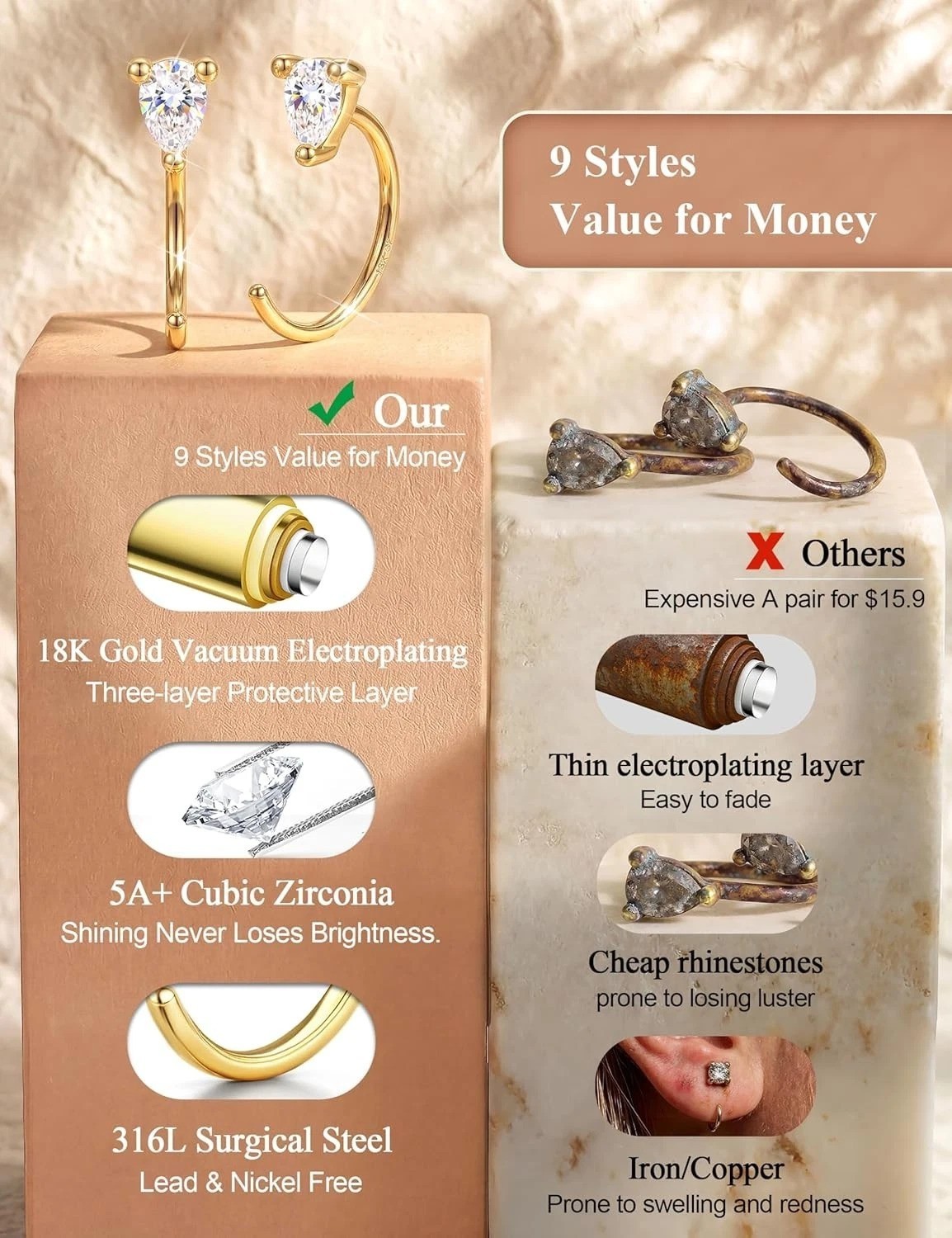 Half Hoop Huggie Earrings for Women Gold Silver Plated Ardant Backless Earrings