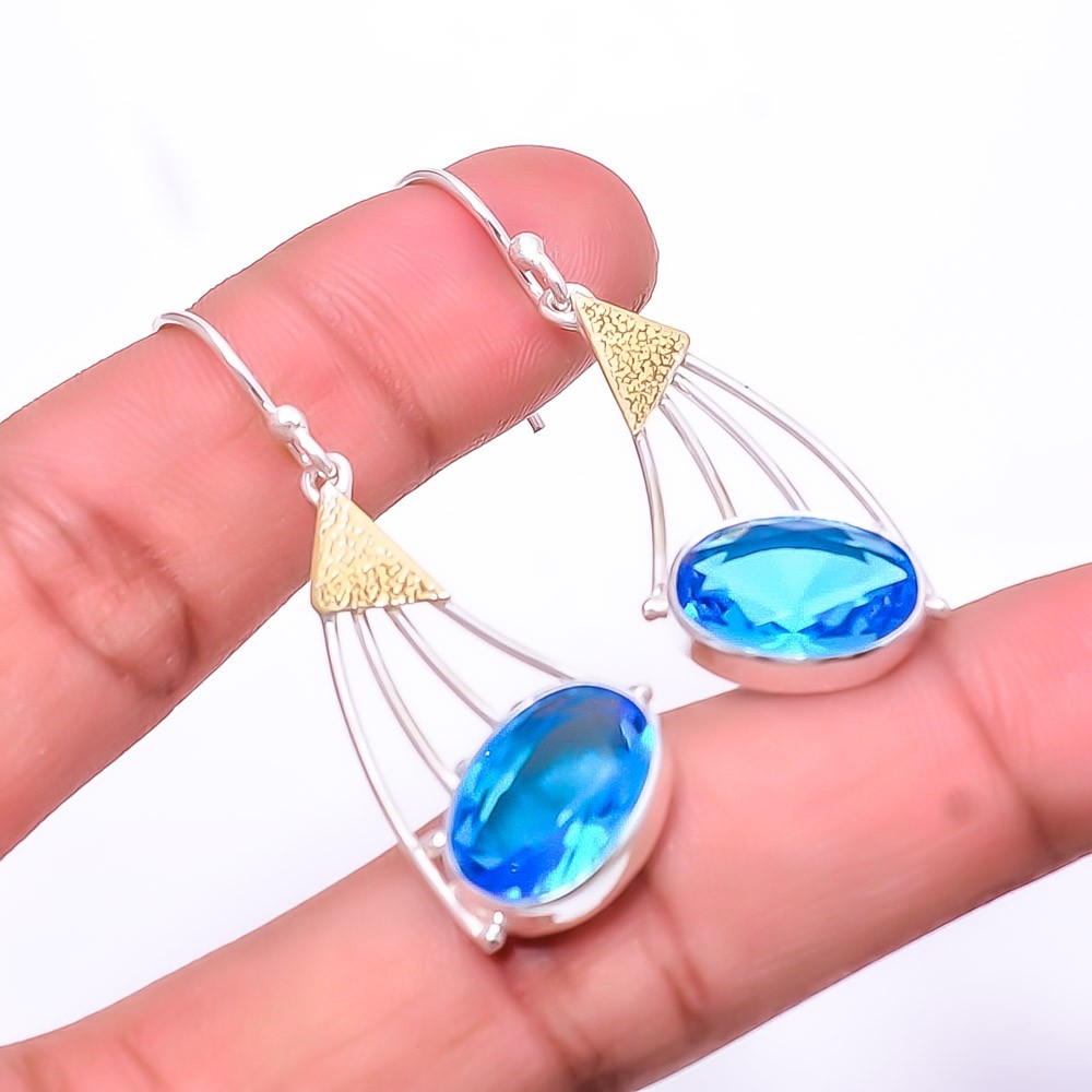 London Blue Topaz 925 Sterling Silver Two Tone Earring 1.95″ E_9466_260_52
