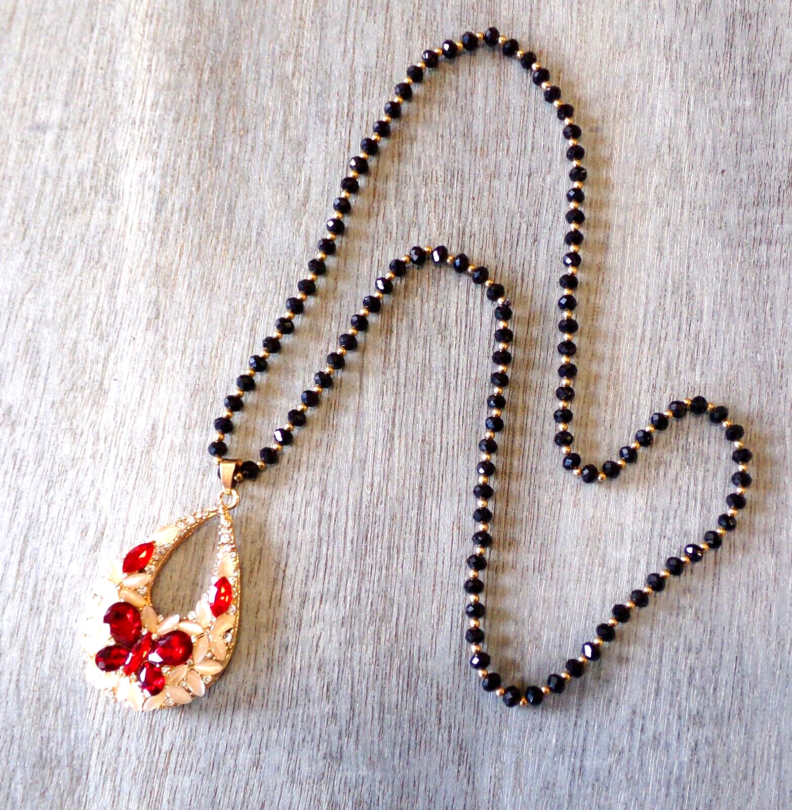 Red crystal butterfly pendant necklace with white cat eye stones, crystals – NEW