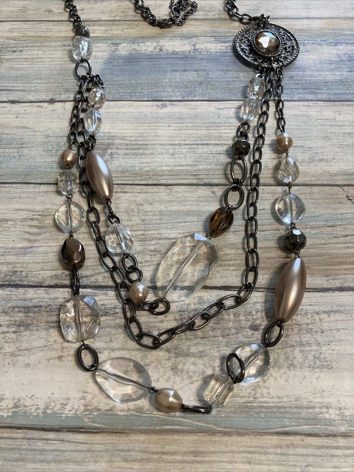 NY 3 Strand Gun Metal Chain Acrylic Crystals, Beads Pendant Necklace 39″ NWOT