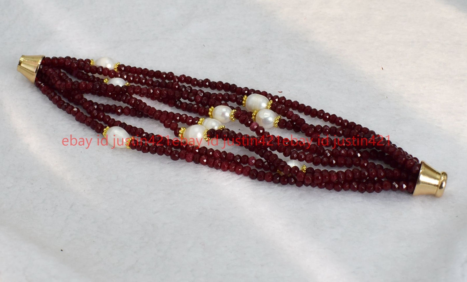 8 Rows 2x4mm Faceted Red Jade & Natural White 7-8mm Rice Pearl Bracelet 7.5″