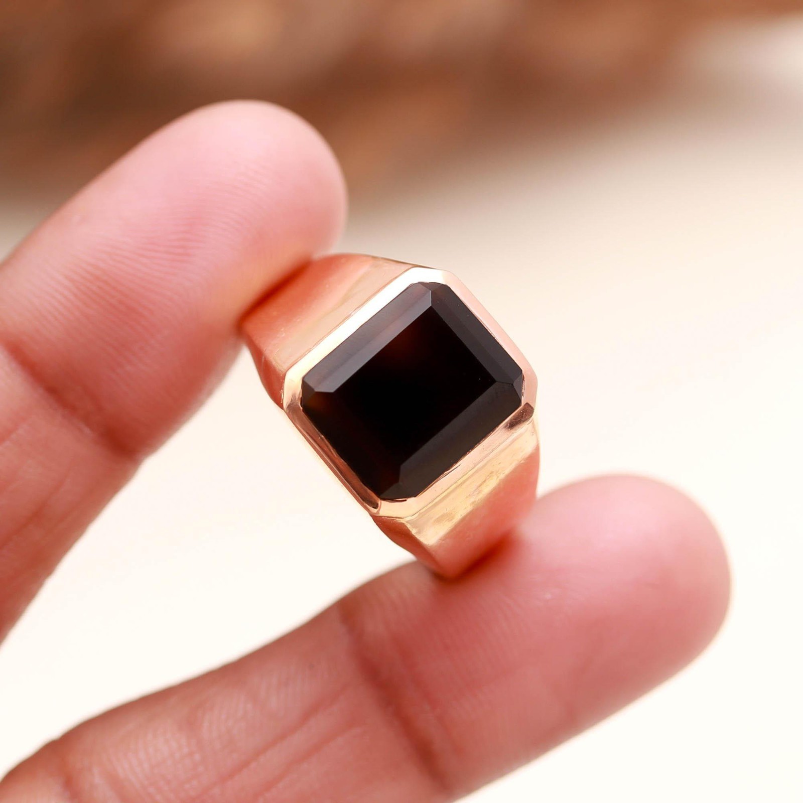 Natural Black Onyx Octagon Ring Rose Gold Fill Solid Silver Minimalist Jewelry