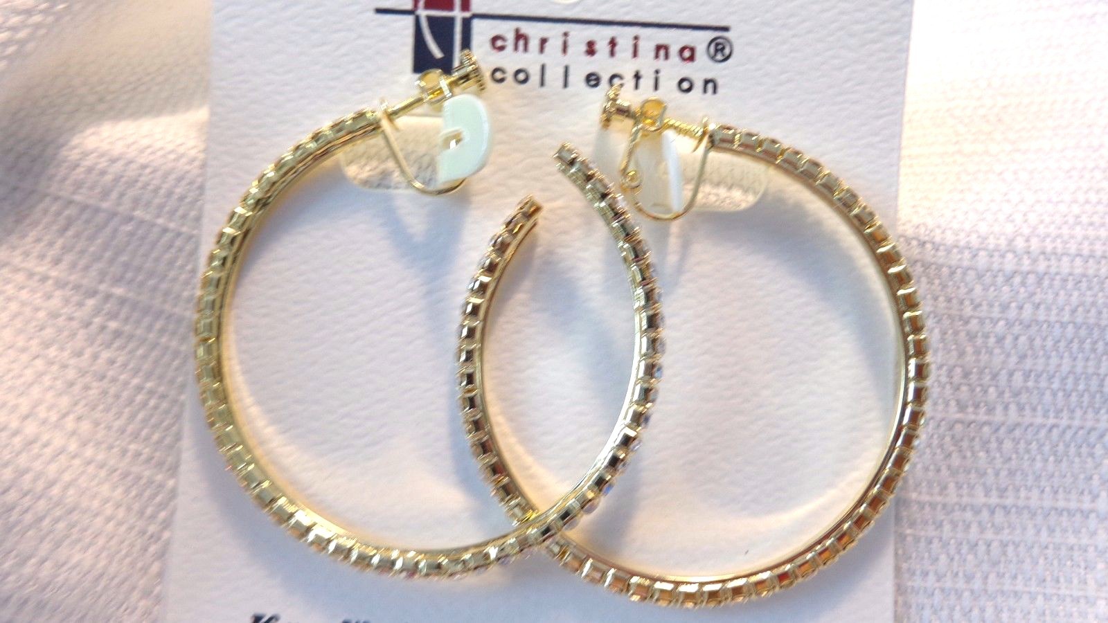 CLIP-ON EARRINGS 2.25 INCH HOOP CRYSTAL EARRINGS RHINESTONE SILVER OR GOLD TONE
