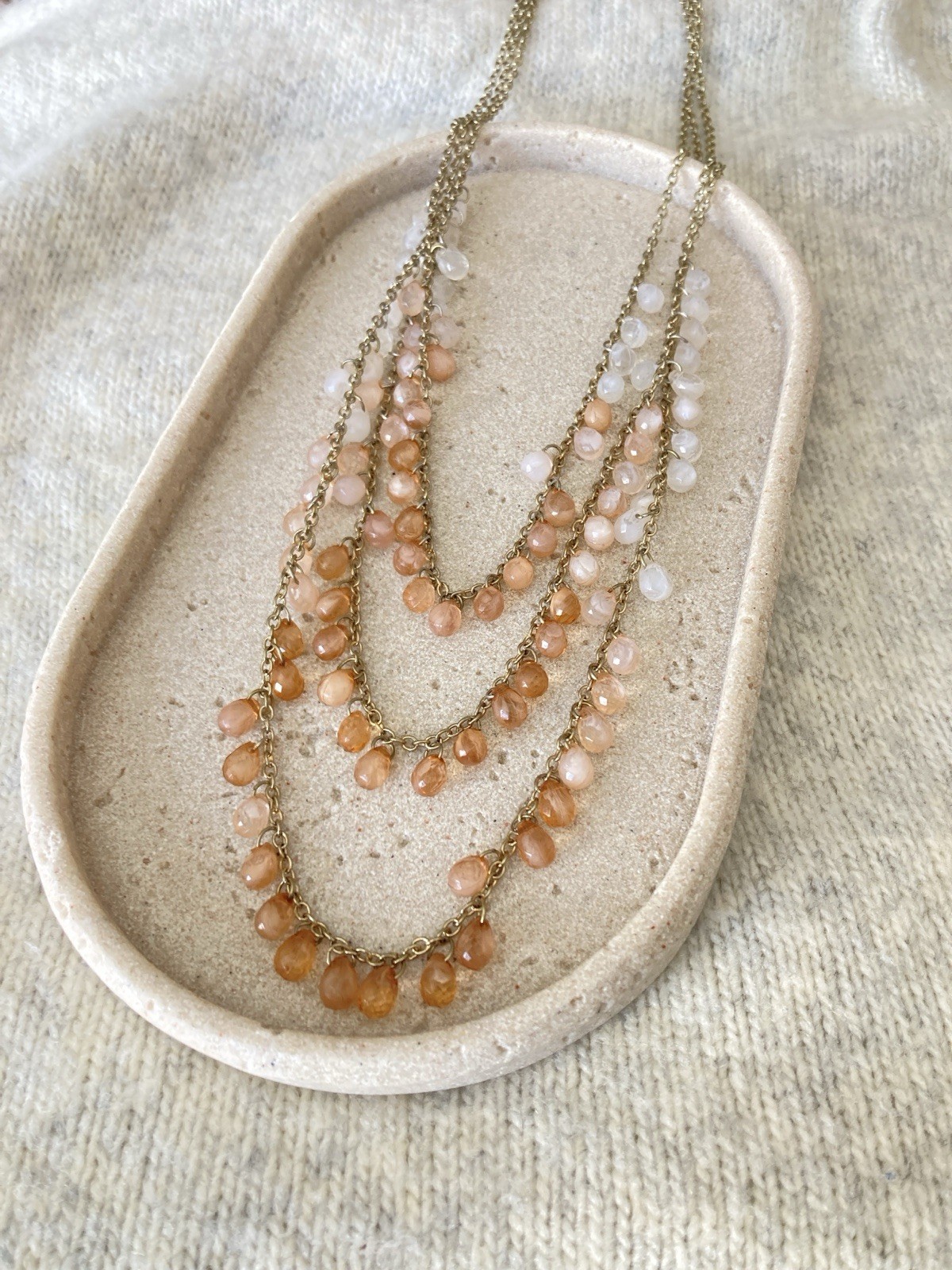 Romantic Peach Pink White Beaded Layered Necklace Gold Tone Cascading Statement