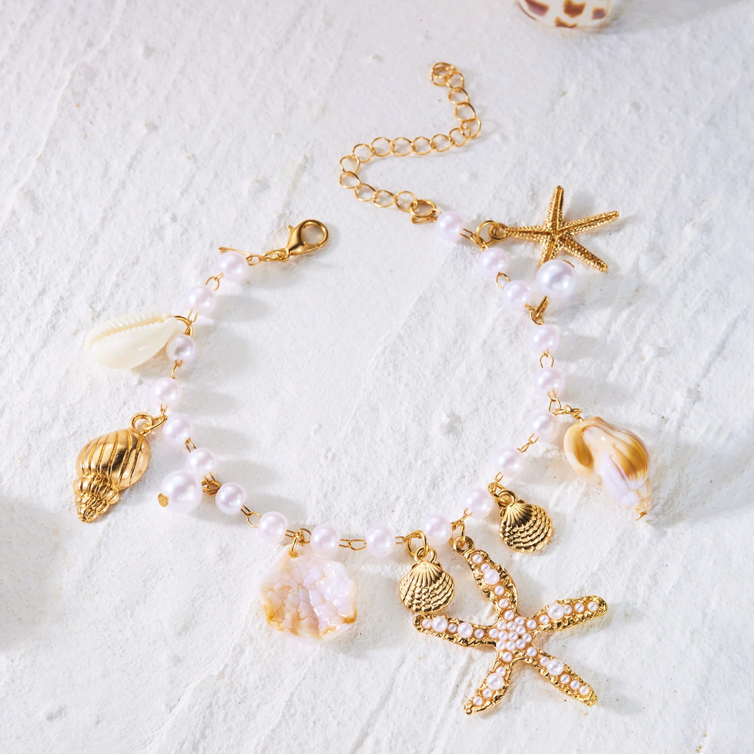 Bohemia Starfish Shell Shell Tassel Anklets For Women Gold Color Imitation Pearl