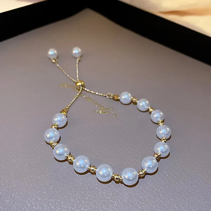 14k Yellow Gold Plated Lariat Style Bracelet Simulated White Pearls Adjustable