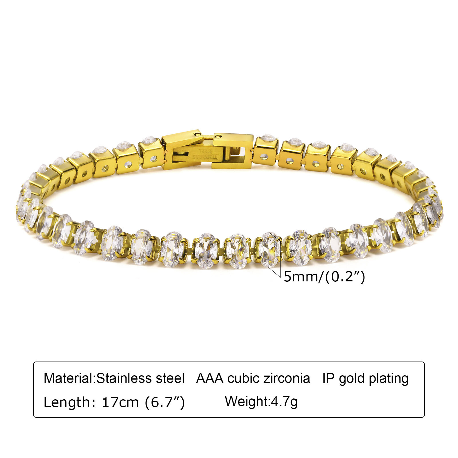Gold White / Green Zircon Chain Jewelry Women Stainless Steel 17cm Bracelet 6.7″