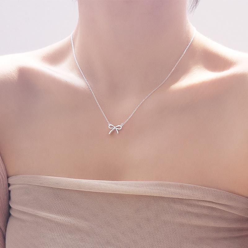 Silver bowknot pendant necklace, delicate unique design fashion jewelry gift