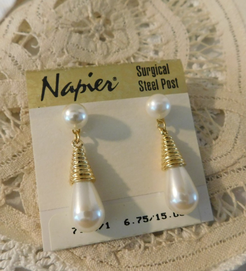Napier Faux Pearl Gold Plated Drop Earrings New from Vintage Stock