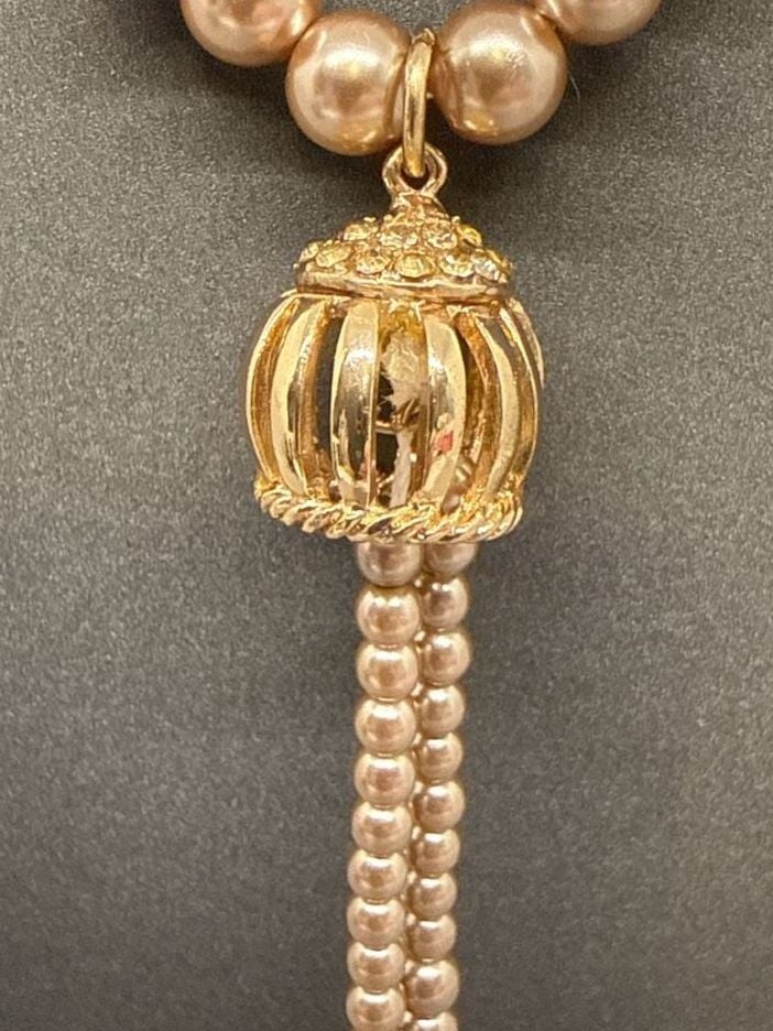 Faux Pearl Lariat Necklace w/ Gold Tone Cage Tassel, Length 29” + 4.5” Pend