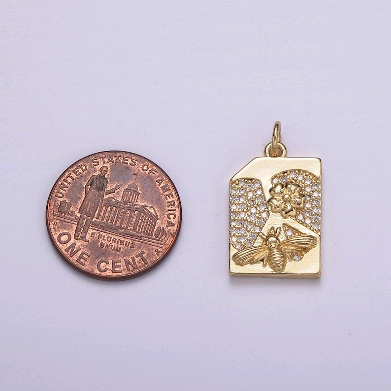 24k Gold Filled Bee and Flower CZ Pave Charm, Queen Bee Floral Tag Pendant for D