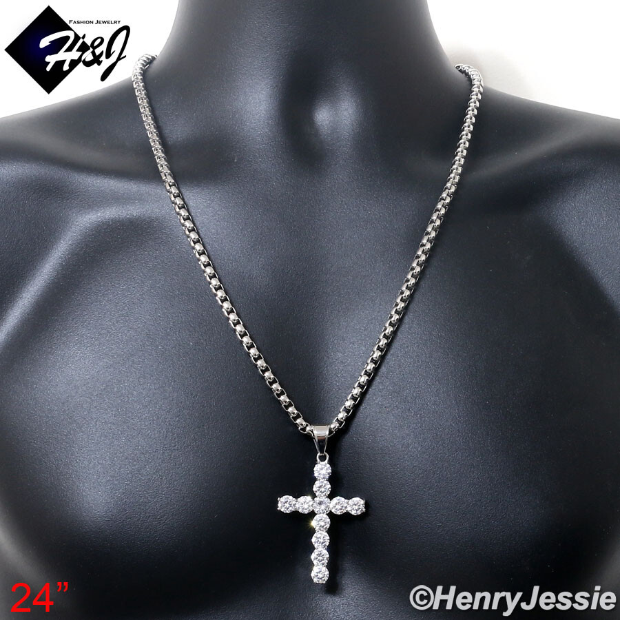 18″-40″MEN Stainless Steel 5mm Silver Box Link Chain ICY CZ Cross Pendant*IP138