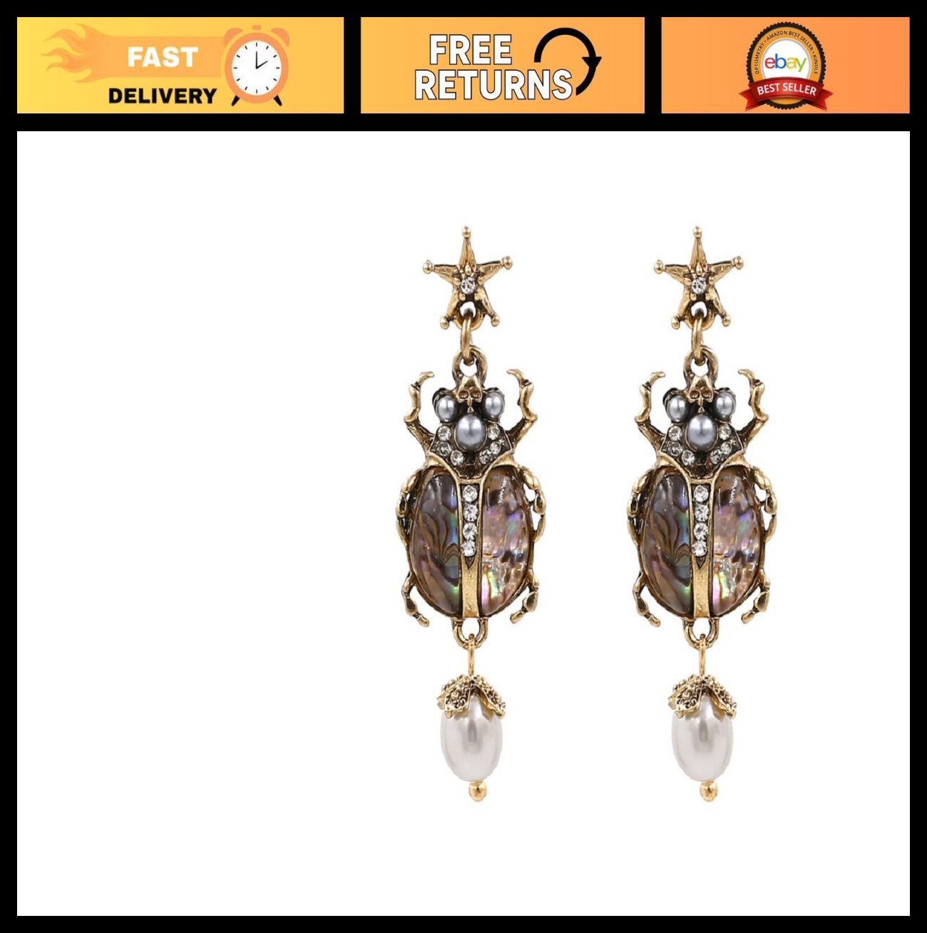 Cute Beetle Earrings for Women, Insect Drop Jewelry with Cubic Zirconia, Fun Gif