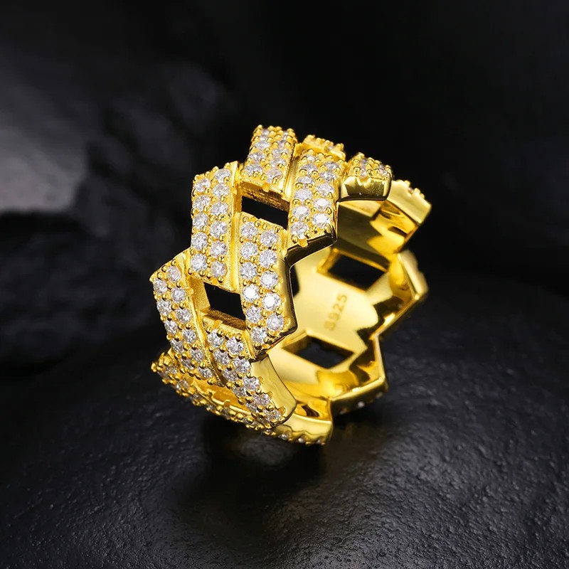 Luxury 1.5mm D Color Full Moissanite Cuban Chain Ring For Men Women 925 Silver D
