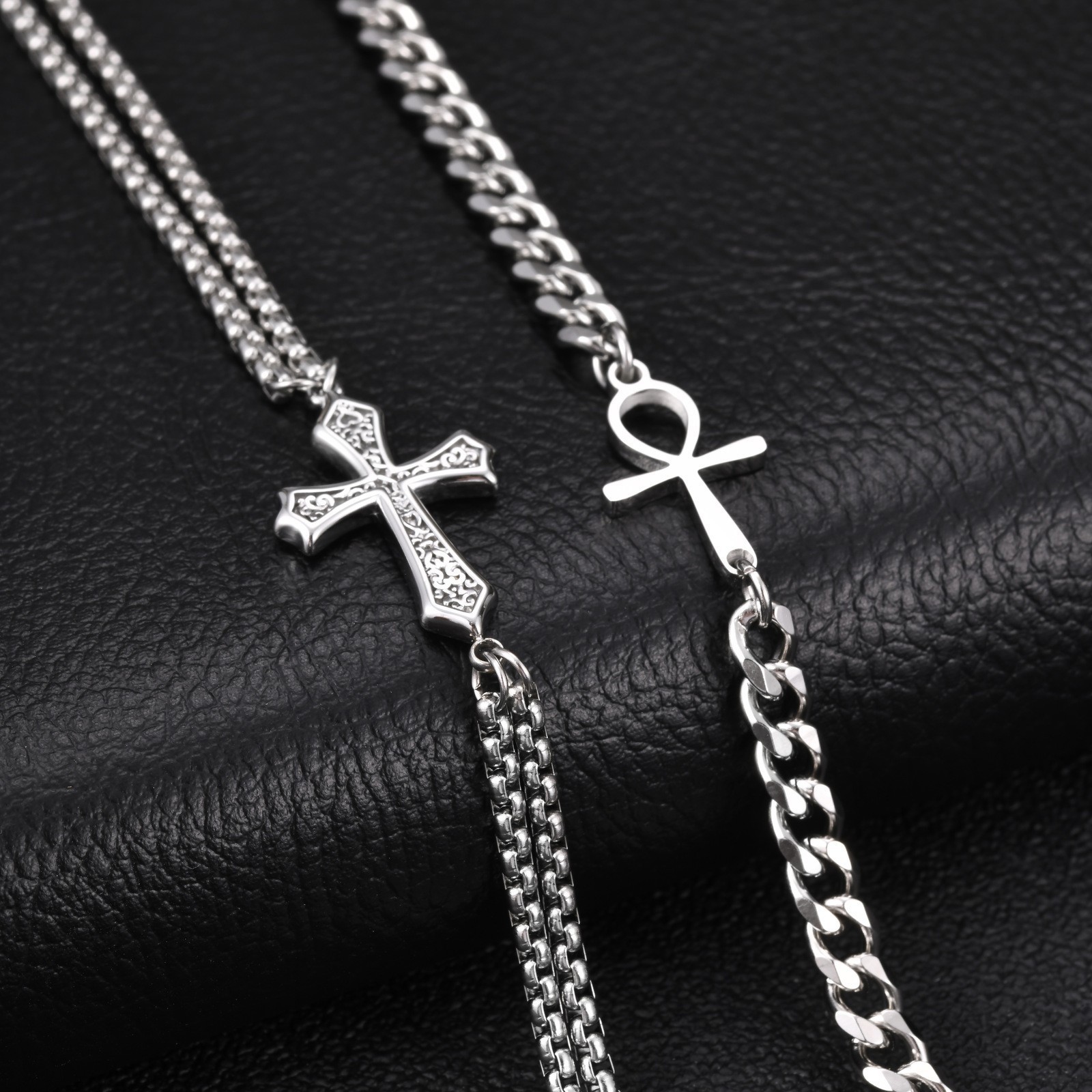 Stainless Steel Silver Cross Pearl Chain Bracelet Religious Gothic Men’s Gift