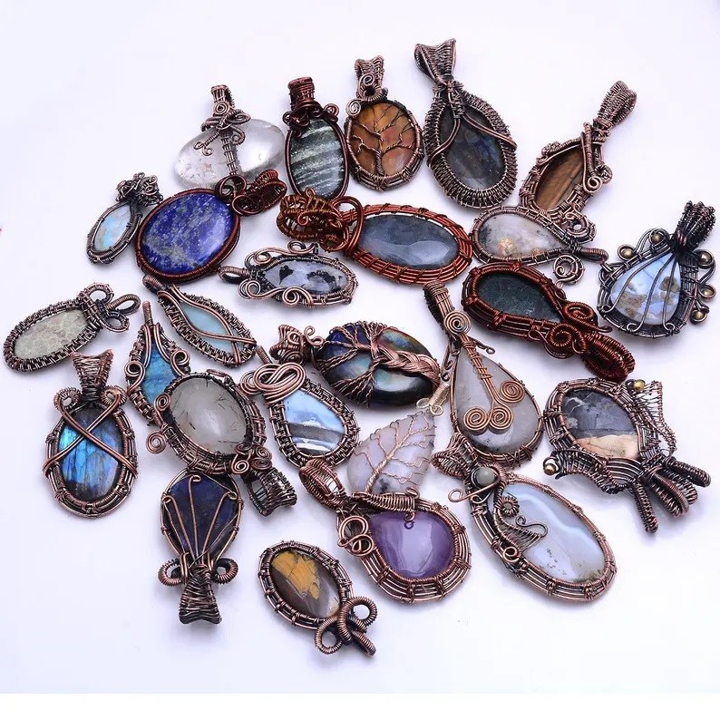 Natural Handmade Mix Gemstone Copper Wire Wrap 10 Pcs Lot Pendant Jewelry Reiki