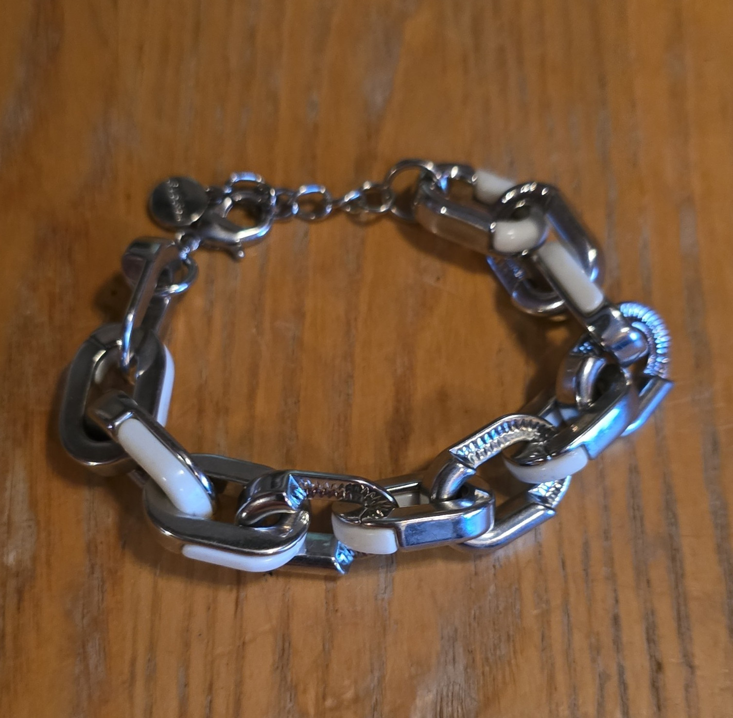 Fossil Stainless Steel Silver Tone White Enamel Cable Link Bracelet Signed