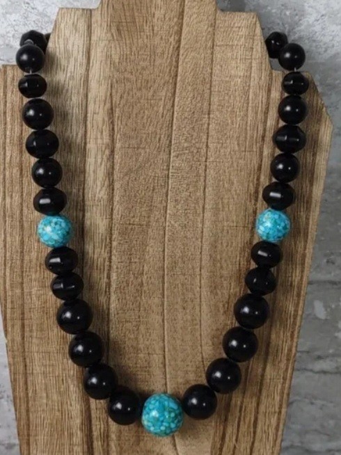 JAY KING, DRT-Sterling Silver Chunky Black Agate Turquoise Bead Necklace 22″ L