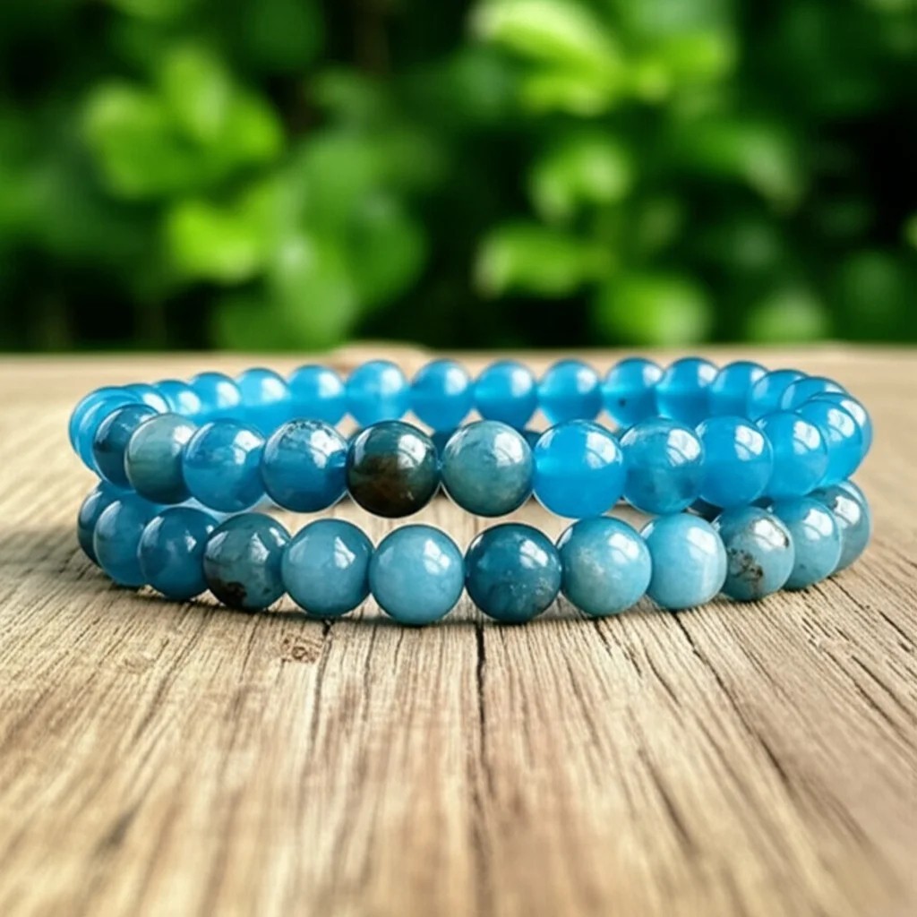 Natural Blue Apatite Beaded Stretch Bracelet Handmade Gemstone Women Jewelry