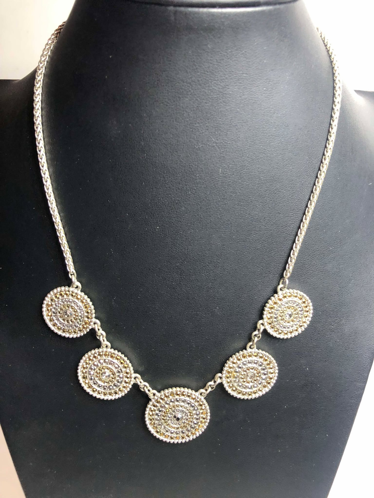 2754 Lucky brand silver tone medalian faux marcasite necklace 18-20″