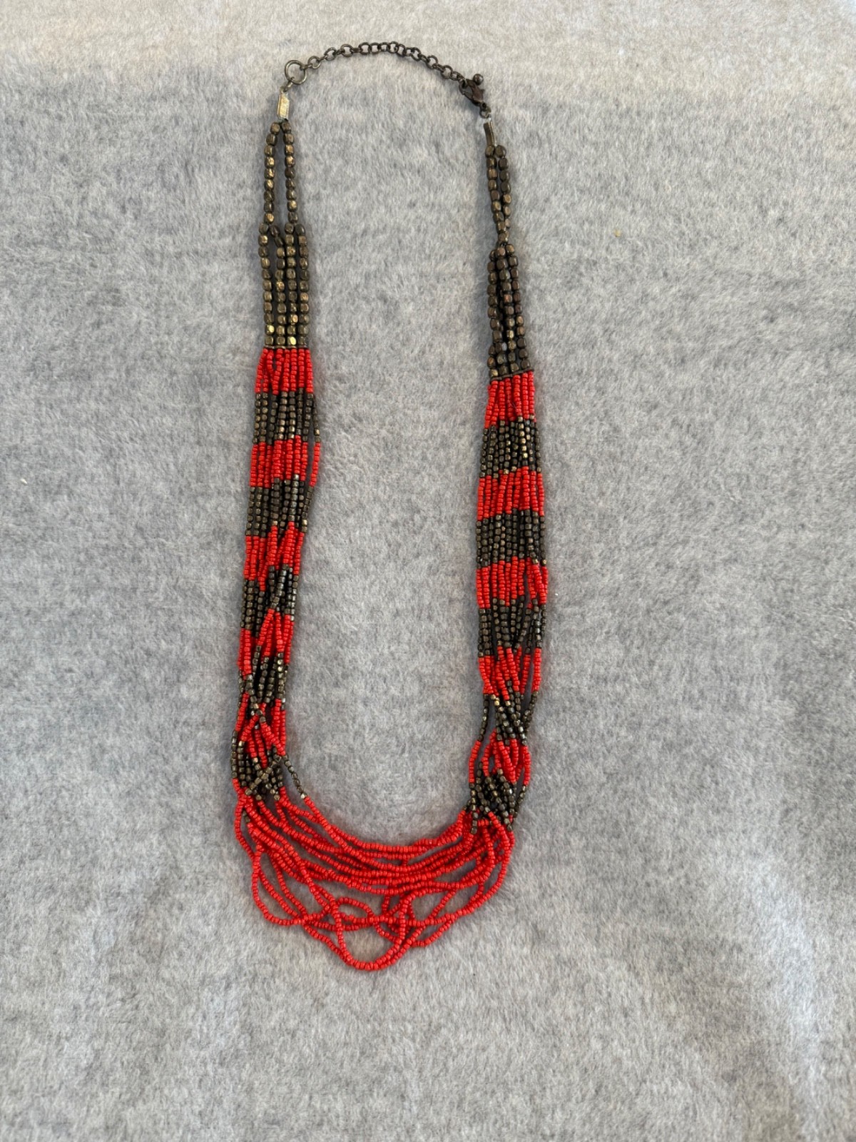 Neon Coral And Bronze Multi Strand Seed Beaded Necklace 28in Lobster Clasp