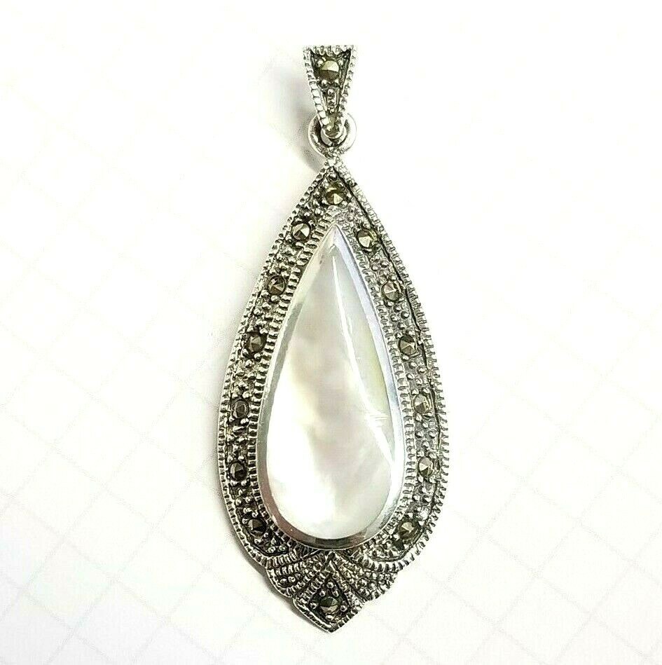 MOTHER-OF-PEARL PENDANT Elongated Drop Shape Stone Marcasite 925 STERLING SILVER