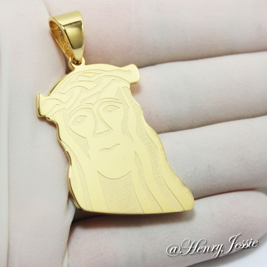18″-36″Stainless Steel 5mm Gold Plated Cuban Curb Chain JESUS FACE Pendant*J47