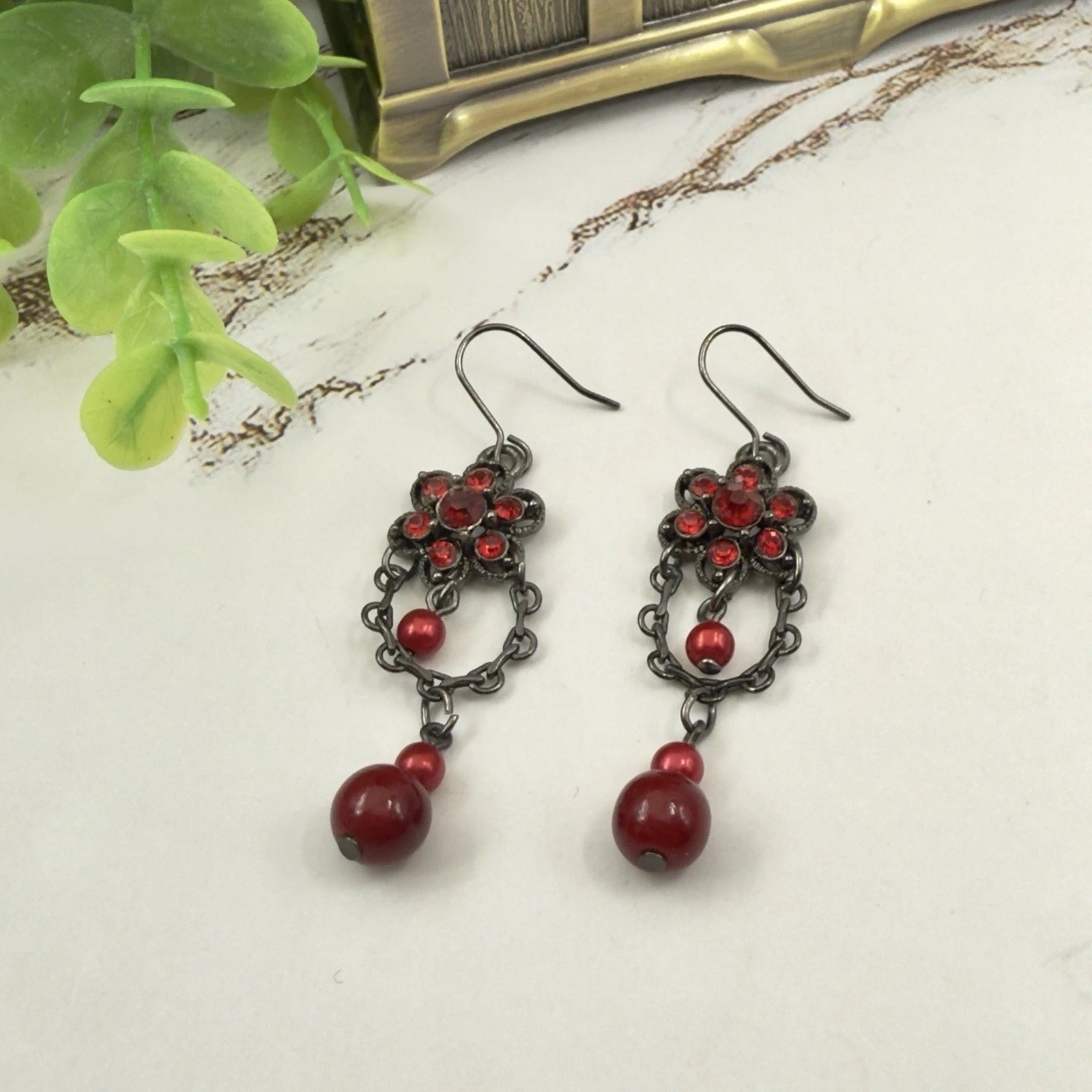Vintage Inspired Red Rhinestone Filigree Chandelier Dangle Fashion Earrings