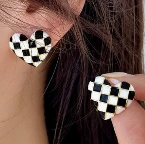Black white checkered hearts studs