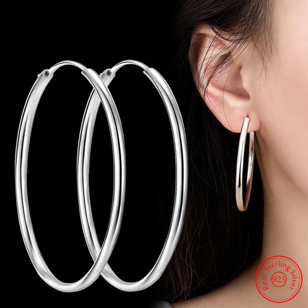 1 Pair 35MM Genuine 925 Sterling Silver Round Hoop Earrings for Women