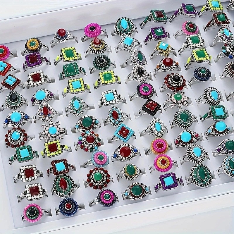 Wholesale 15/30Pcs Ring Mixed Bulk Finger Ring Gemstone Crystal Jewelry Lot Boho