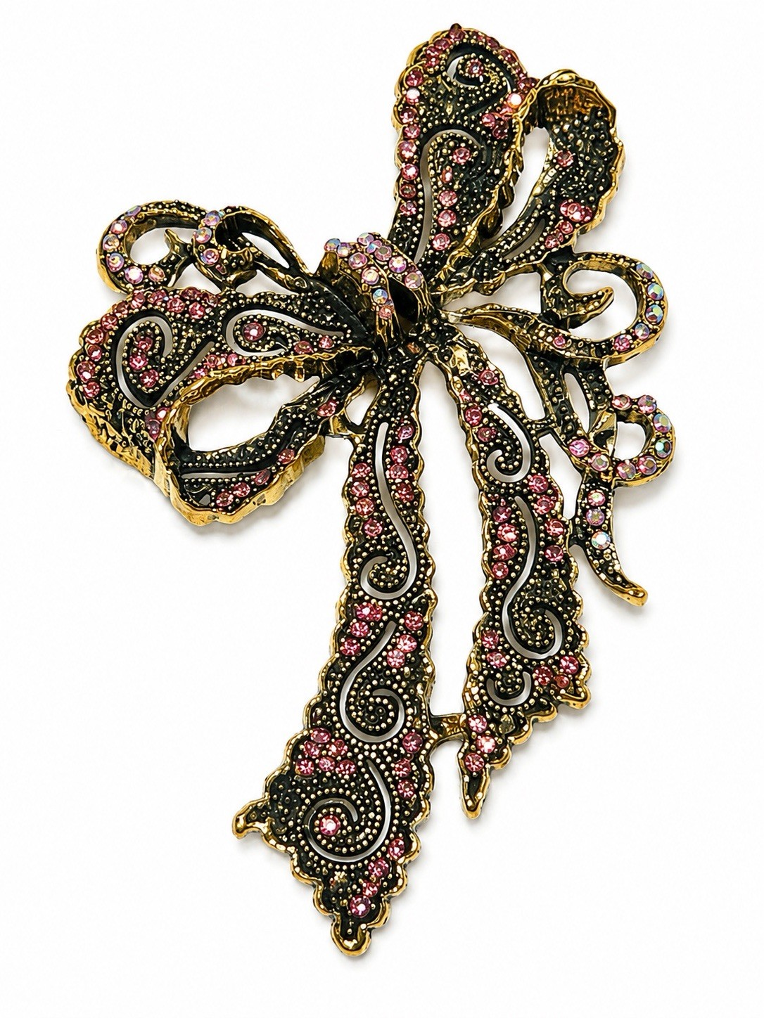 Pink Antique Gold Metal Bow Brooch Pink Rhinestones
