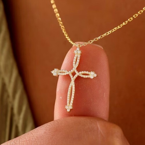 Round Cut Simulated Diamond Cross Pretty Wedding Pendant 14K Yellow Gold Plated