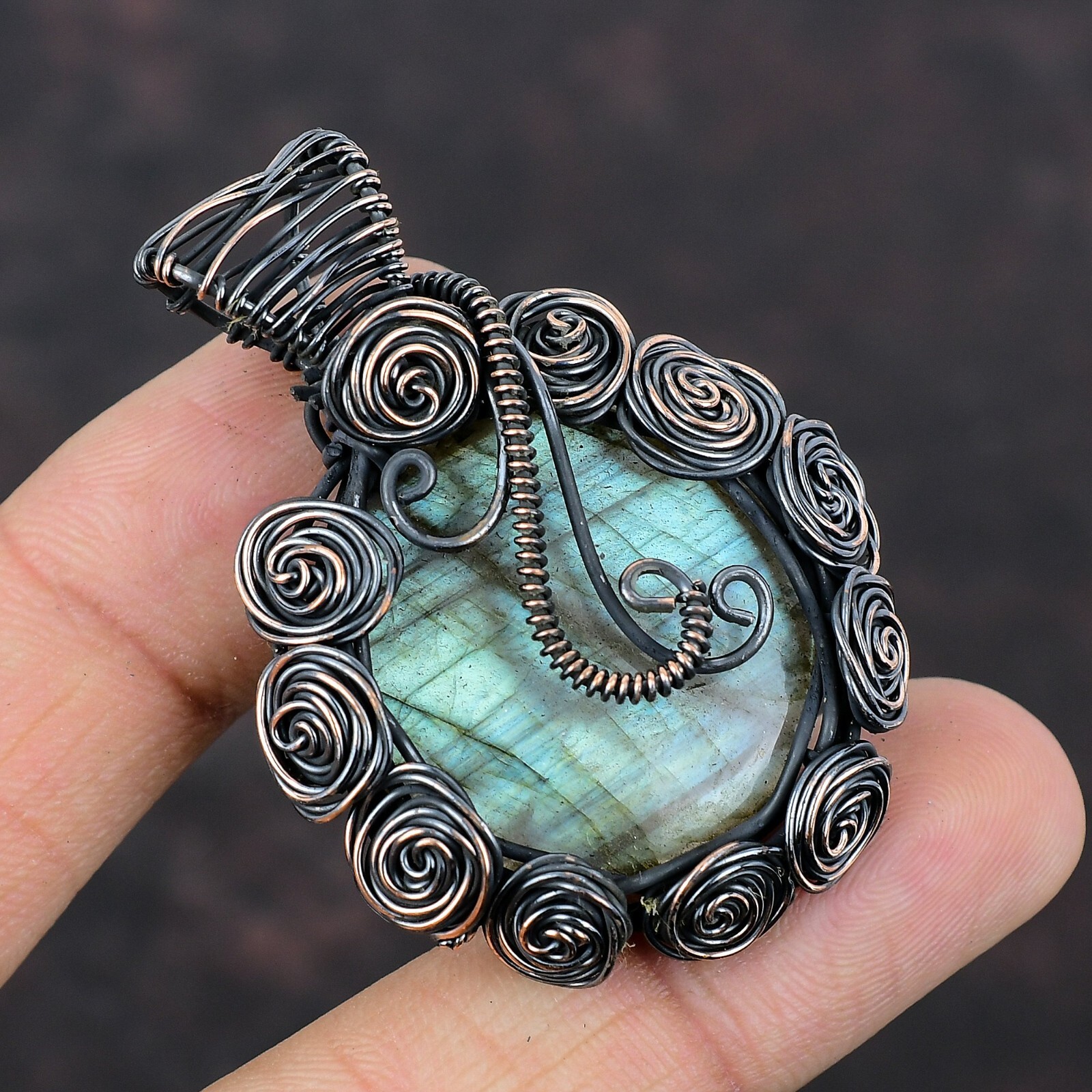 Labradorite Jewelry Copper Gift For Bestie Wire Wrapped Flower Pendant 2.17″