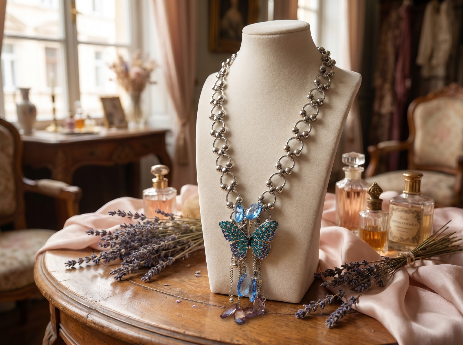 Blue Rhinestone Butterfly Pendant Necklace Silver Tone Chain Dangling Crystals