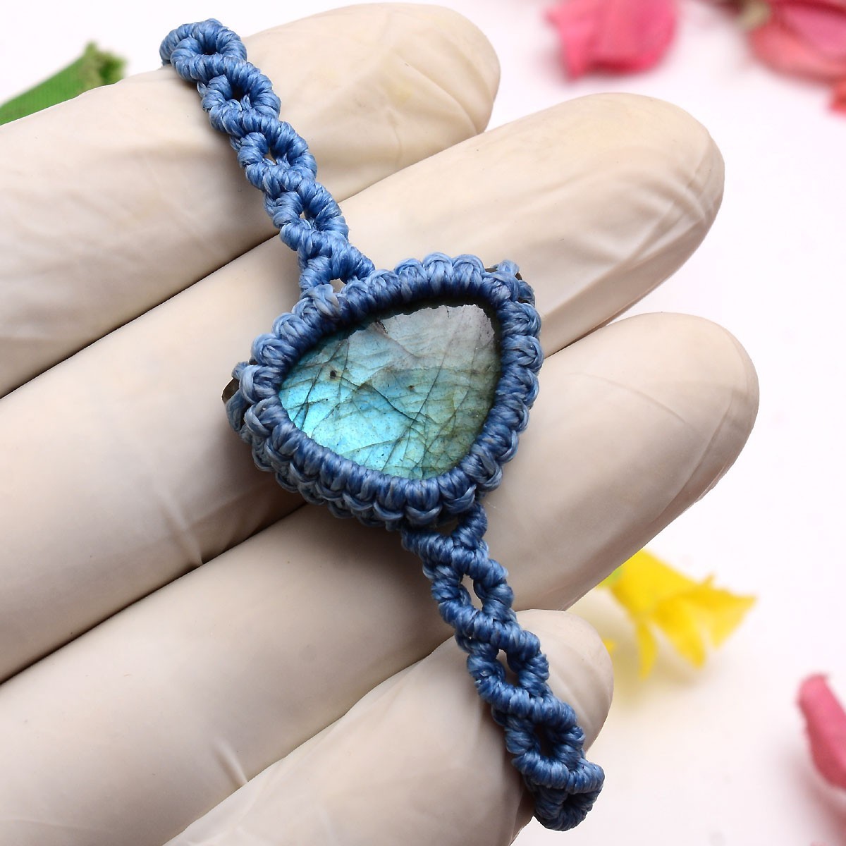 Hand Knotted Natural Flashy Labradorite Beautiful Boho Macrame Gemstone Bracelet