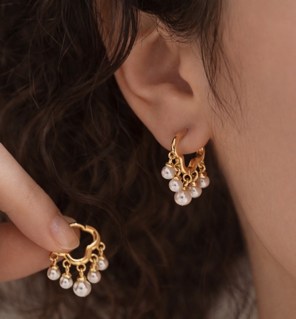 Anthropologie Hoop Earrings Cloud Pearl Tassel Gold Huggie Drop Dainty Boho