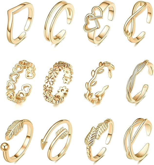 12PCS Gold Plated Toe Rings for Adjustable Open Toe Rings Set Foot Ring Set P…